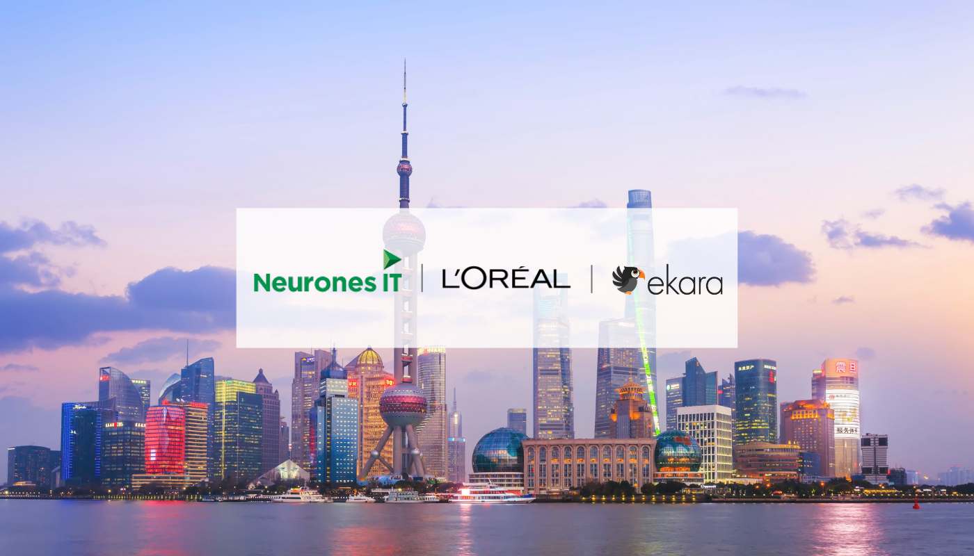 24/7 monitoring support for L’Oréal enabled by Neurones IT Asia using Ekara, shown with Shanghai Bund skyline